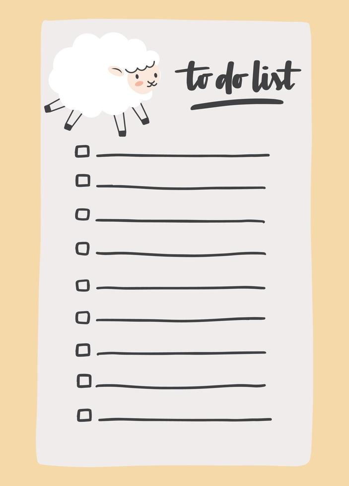 To do list template decorated by cute sheep. Cute design of schedule, daily planner or checklist. Vector hand-drawn illustration. Perfect for planning, notes and self-organization.