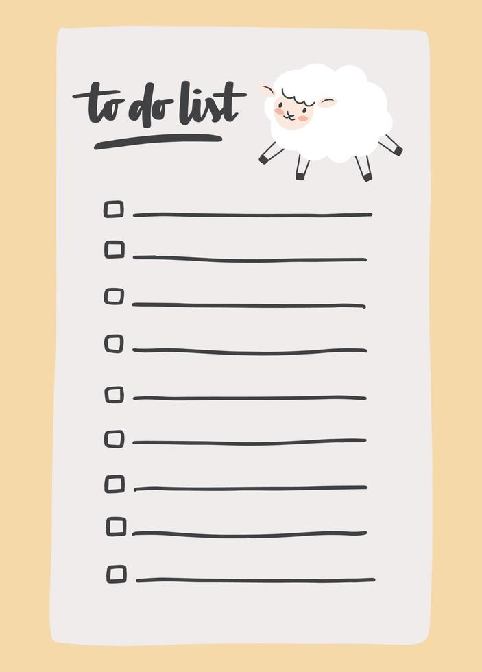 To do list template decorated by cute sheep. Cute design of schedule, daily planner or checklist. Vector hand-drawn illustration. Perfect for planning, notes and self-organization.
