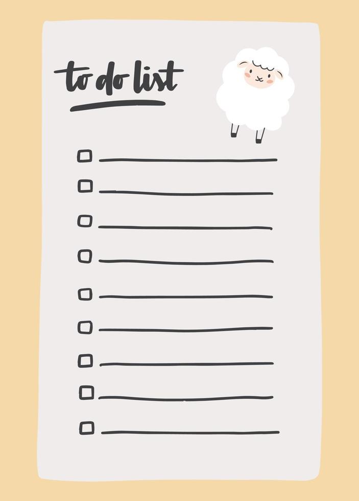 To do list template decorated by cute sheep. Cute design of schedule, daily planner or checklist. Vector hand-drawn illustration. Perfect for planning, notes and self-organization.