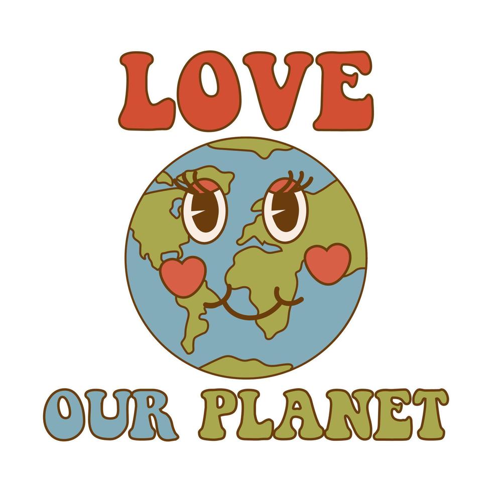retro tierra globo dibujos animados personaje y amor nuestra planeta inscripción. concepto de ecológico conciencia. mundo ambiente día vector