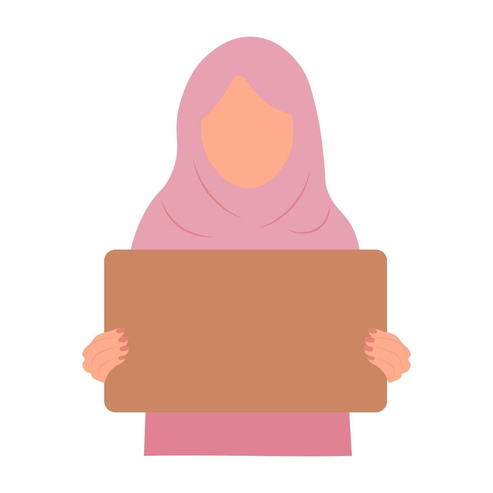Arabic woman holding cardboard blank without text. Protest and protection of rights. Meeting and demonstration vector