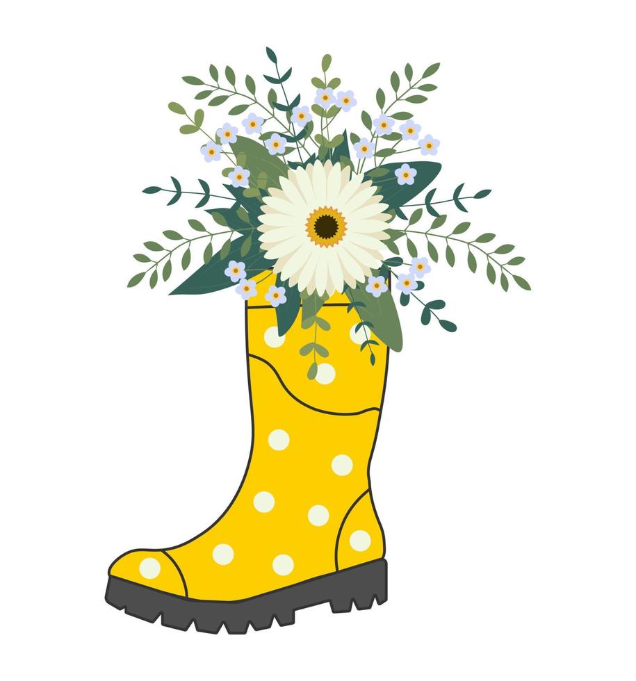 Cute bouquet in yellow rubber boots. Gardening boot with flowers. Spring Concept vector