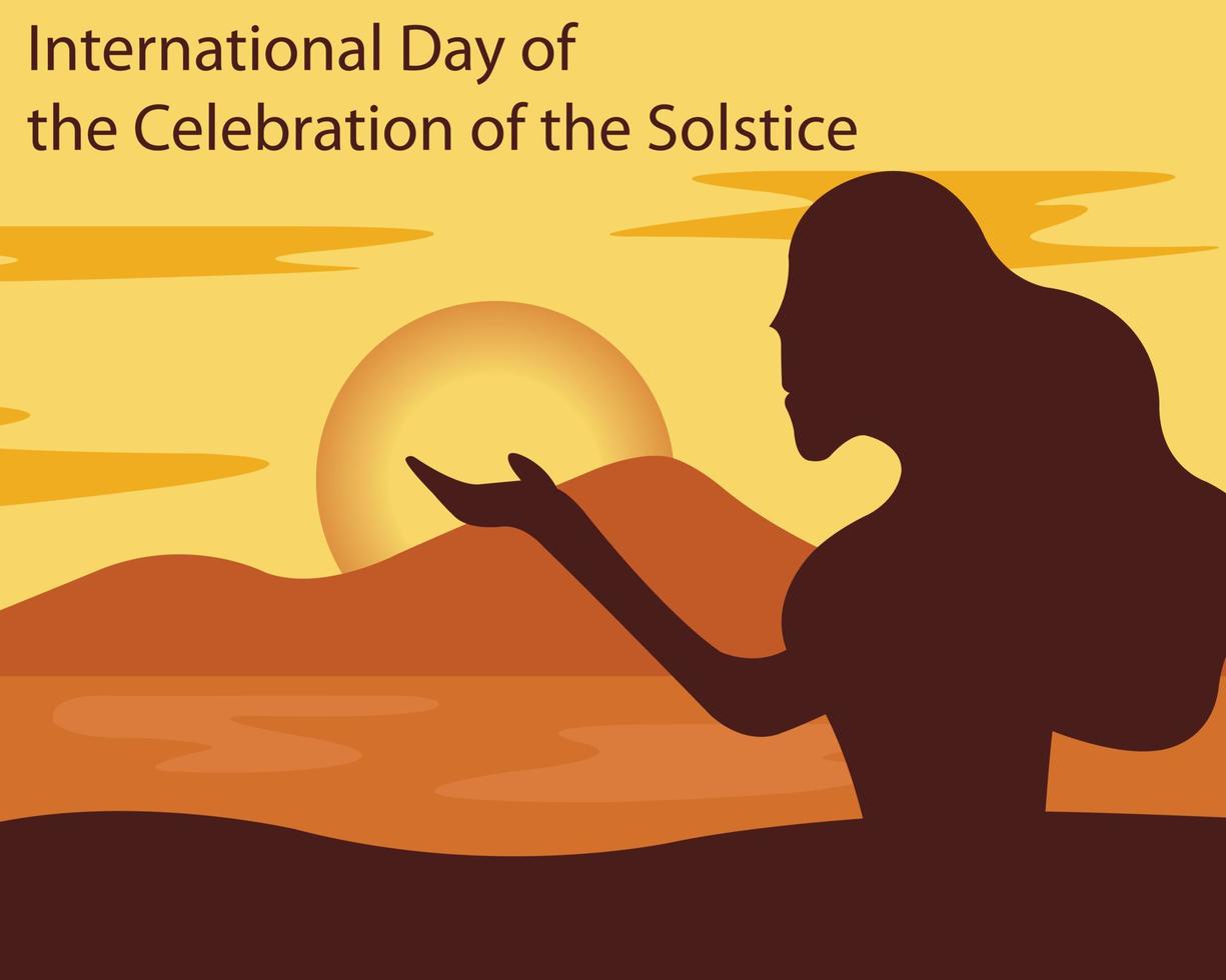 illustration vector graphic of silhouette of a woman catching the sun on the edge of the lake, perfect for international day, celebration of the solstice, celebrate, greeting card, etc.