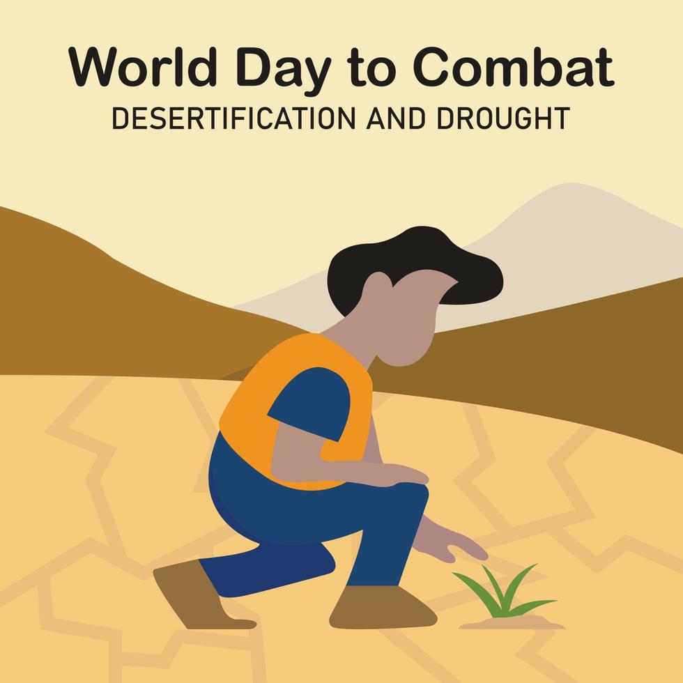 illustration vector graphic of a man is planting grass in arid land, perfect for international day, world day to combat, desertification and drought, celebrate, greeting card, etc.