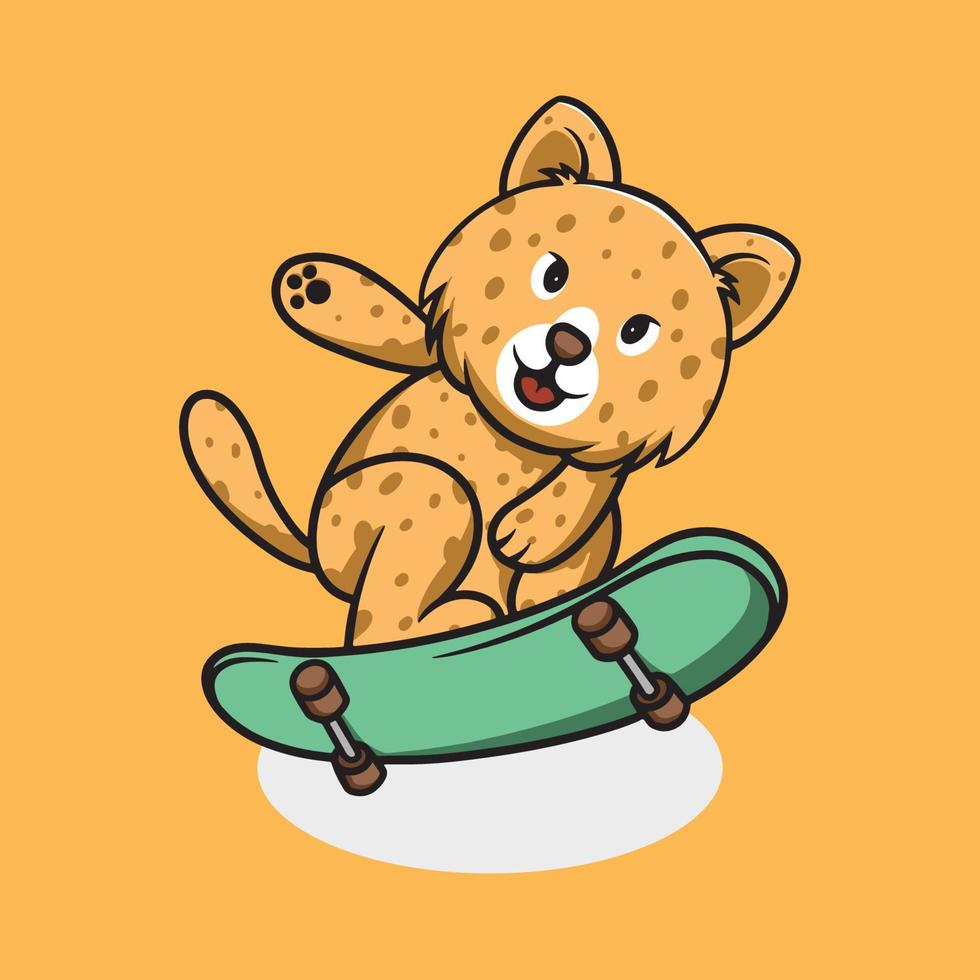 Cute Leopard playing skateboard cartoon illustration vector