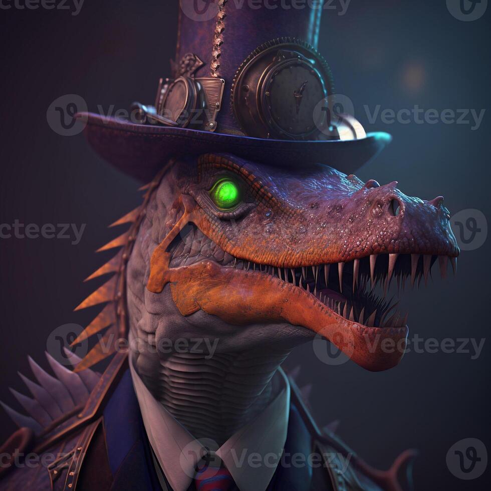 Dinosaur wearing a hat and dressed in a steampunk outfit. Steampunk. photo