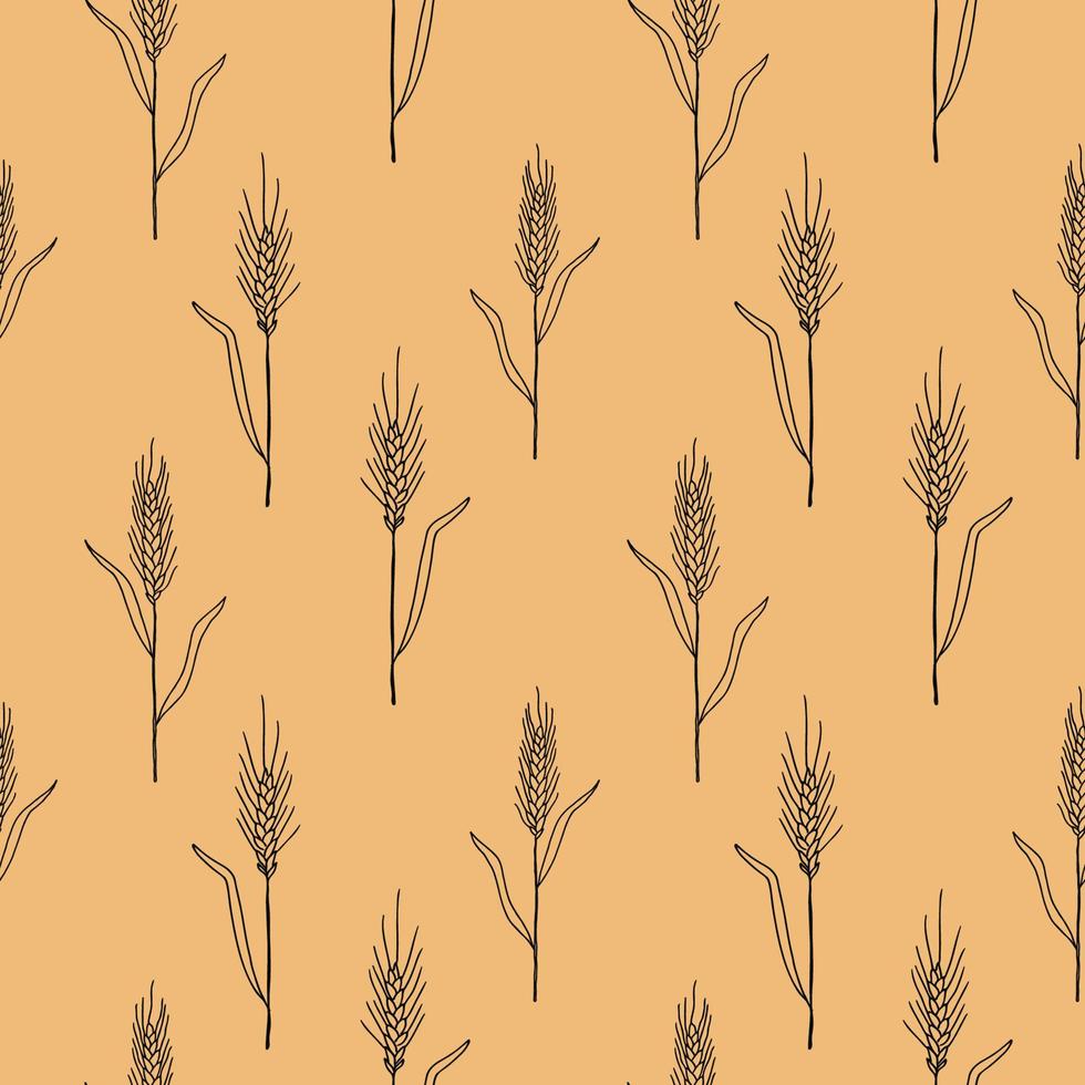 Cute seamless repeating pattern with ears of wheat on a beige background.A bunch of ears of wheat,dried whole grains.Cereal harvest,agriculture,organic farming,healthy food symbol.Drawn by hand. vector