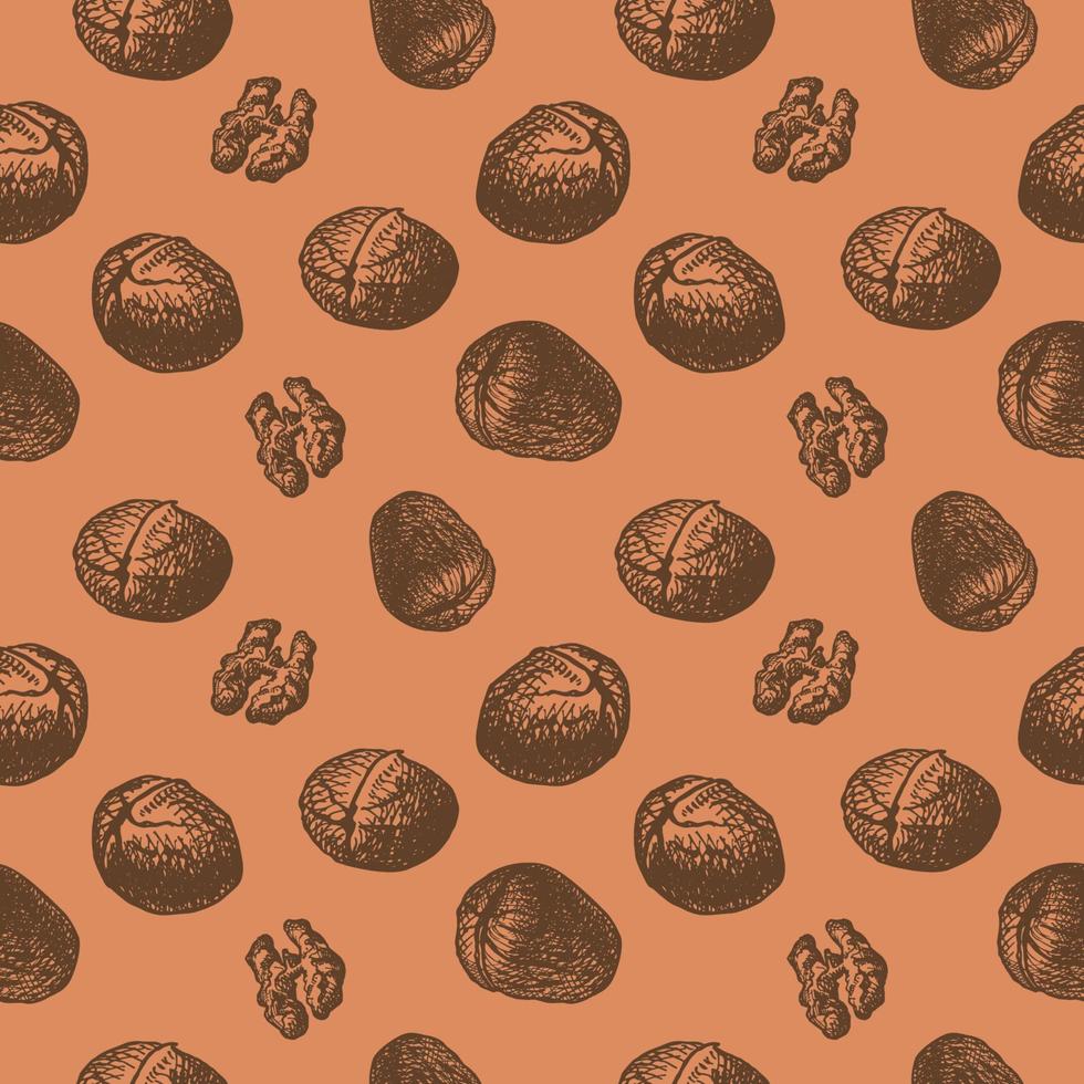 Seamless repeating pattern with walnut kernels and fruits on a brown background. Multicolored background with nuts. Vector