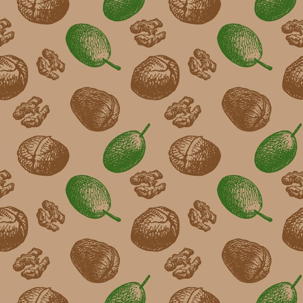 Seamless repeating pattern with walnut kernels and fruits on a beige background. Multicolored background with nuts. Vector