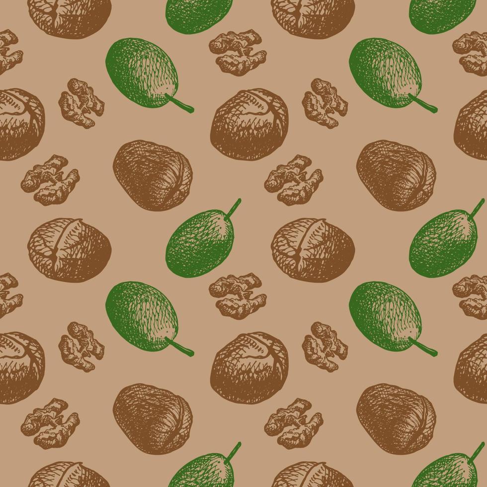 Seamless repeating pattern with walnut kernels and fruits on a beige background. Multicolored background with nuts. Vector