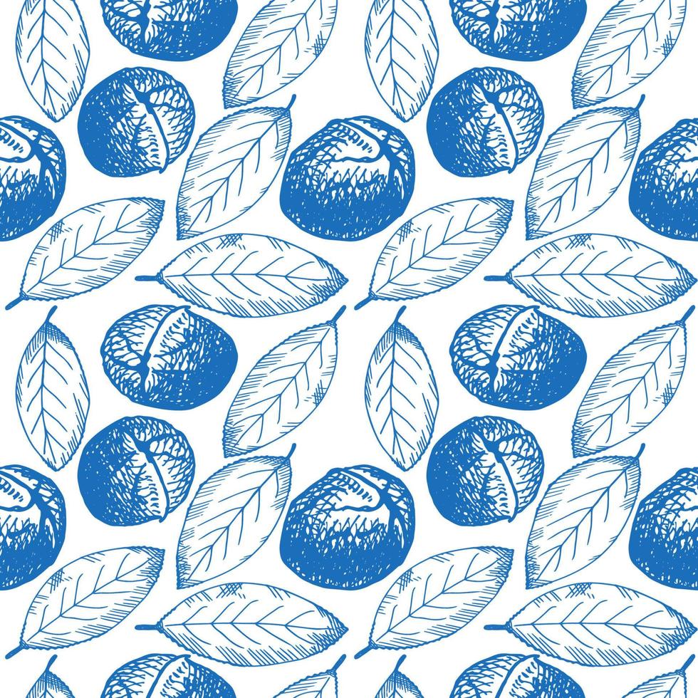 Seamless repeating pattern with walnuts, floral motif. Cute ornament with nuts.Blue background in vintage style. Template for textile, wrapping paper and packaging design. Drawn by hand. Vector