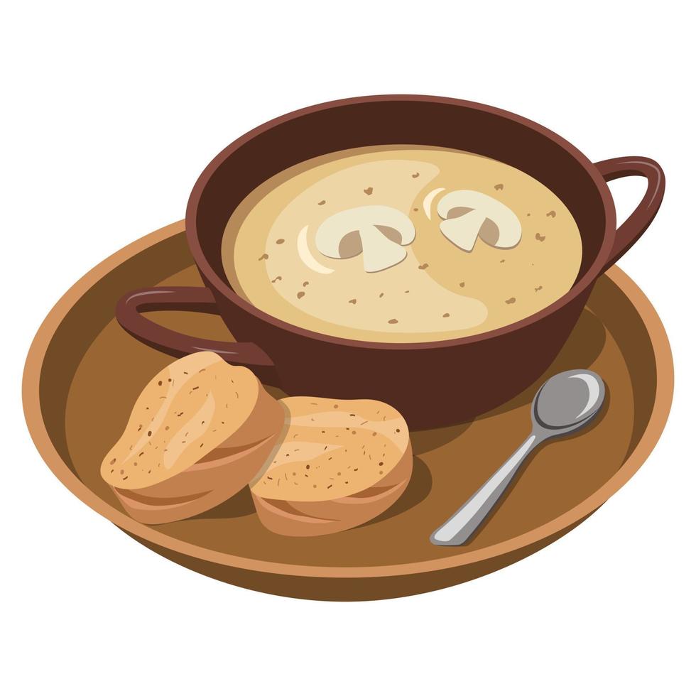 Mushroom soup-puree.Beautiful serving on a tray with bread. Vector illustration on a white background