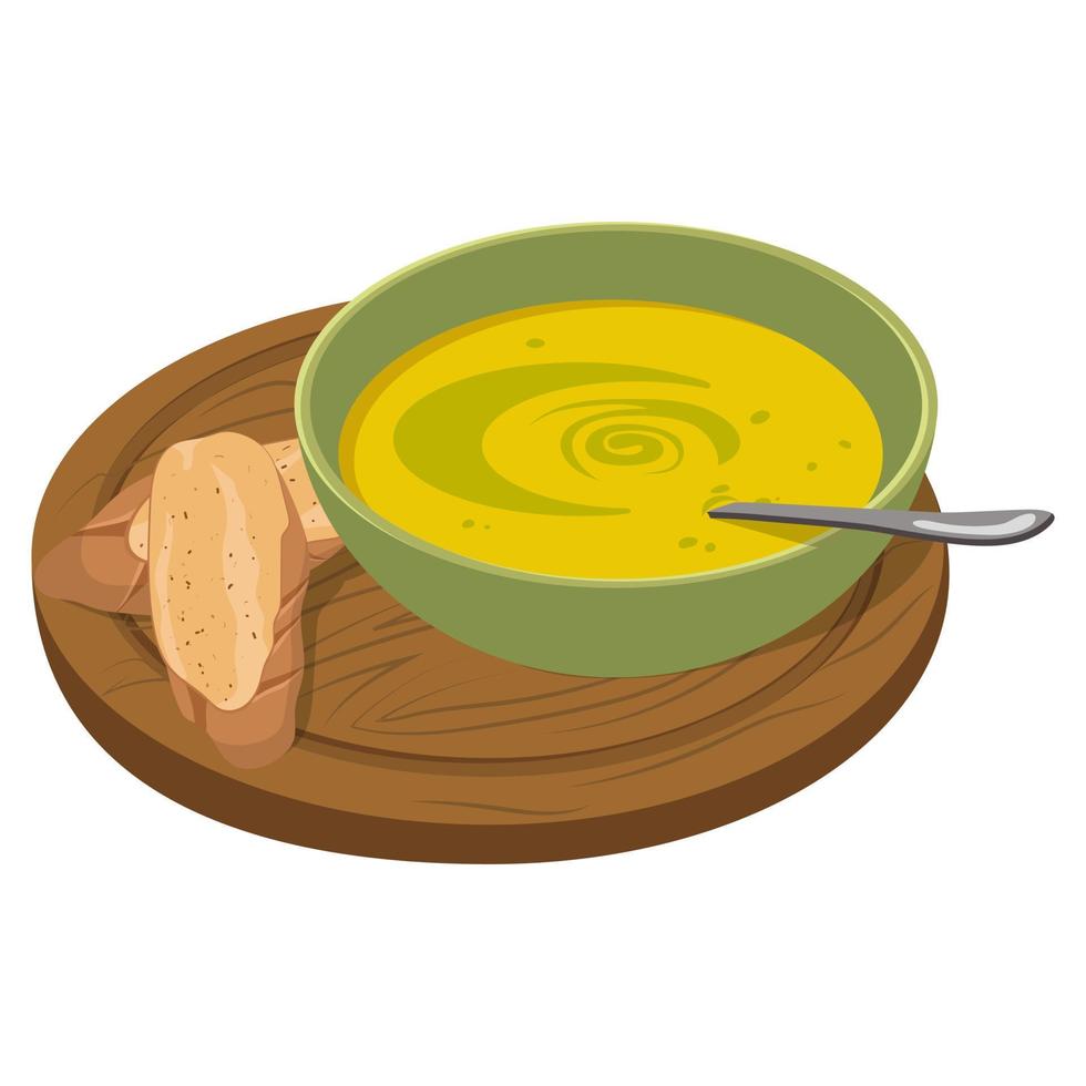 Zucchini puree soup. Beautiful serving on a board with slices of bread. Vector illustration on a white background.