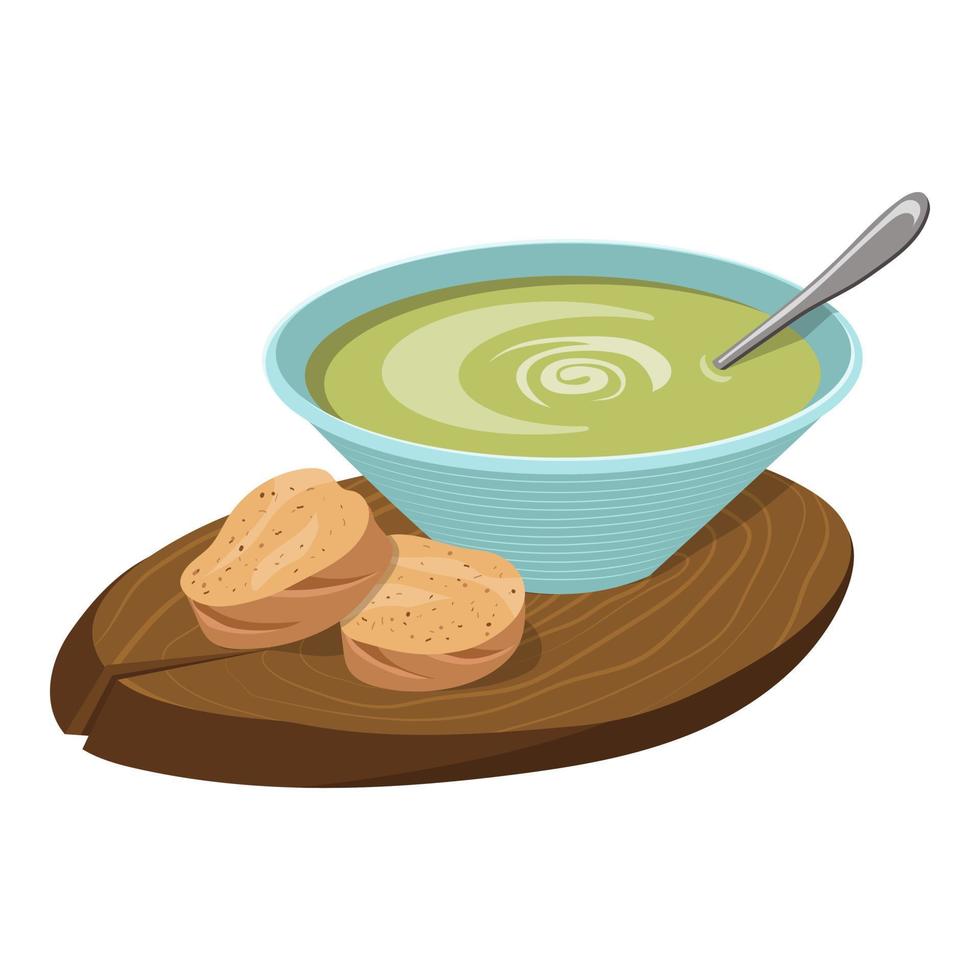 Avocado puree soup. Beautiful serving on a plate with bread. Vector illustration on a white background