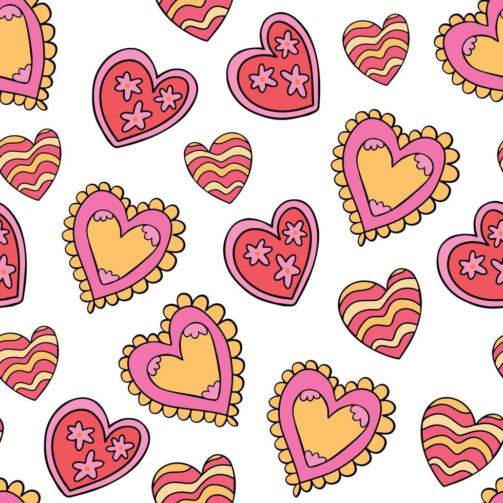 Vibrant psychedelic retro vibe 70s pattern with romantic hearts. Decorative Valentine's day vintage pattern, wallpaper and background vector
