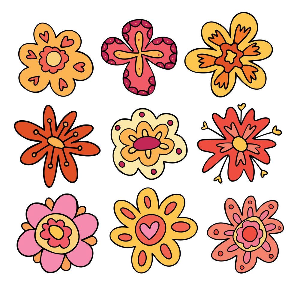 Vibrant groovy retro flowers set. Collection of colorful retro