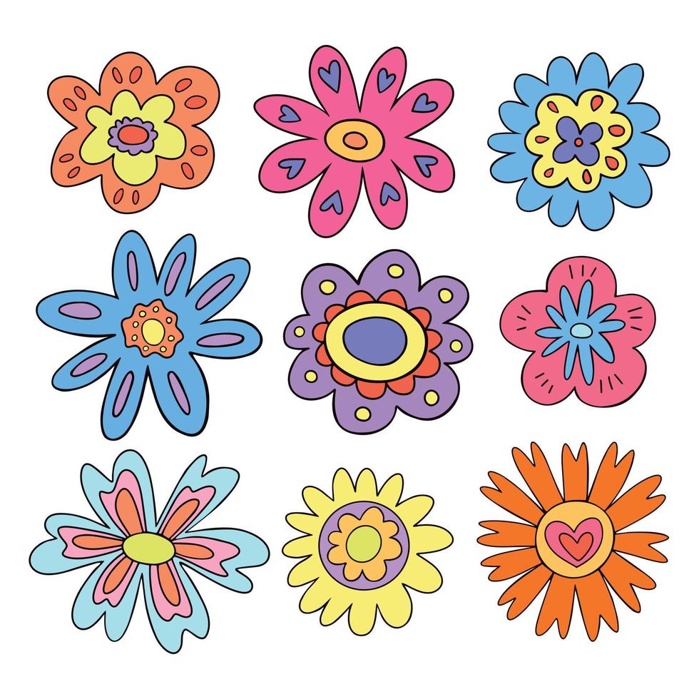 Vector set of fancy retro style flowers. Good vibes daiy flower. Funky primitive flowers illustration. Vintage style 1960 and 1970s