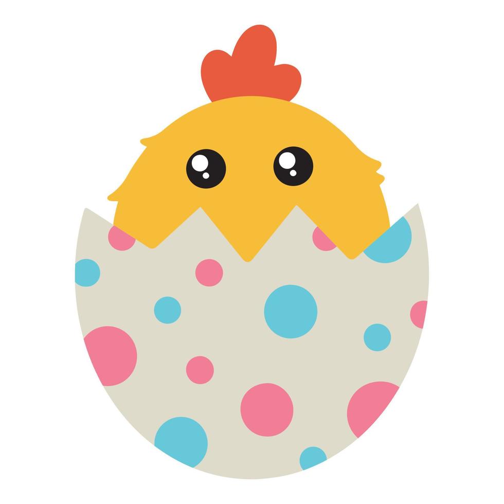 A cute chicken in a painted eggshell. Easter cartoon chicken. Vector illustration of a chicken in an eggshell.