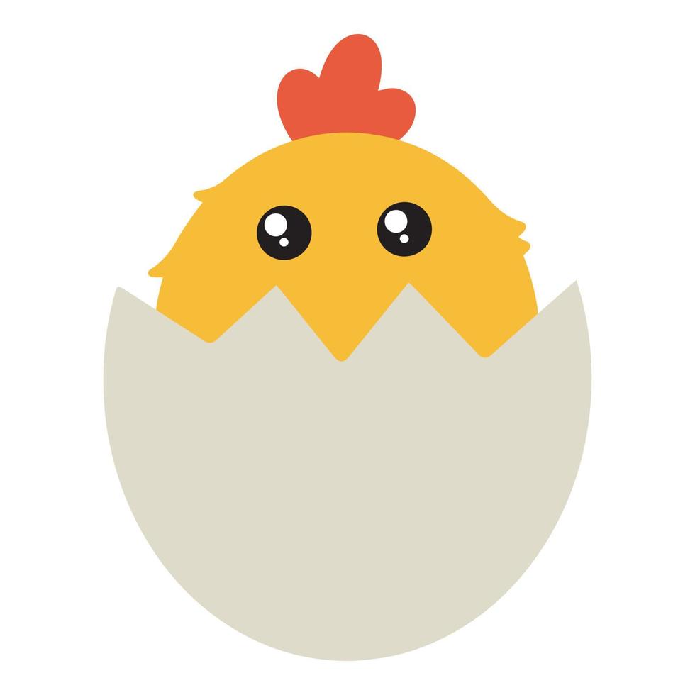 A cute chicken in a eggshell. Easter cartoon chicken. Vector illustration of a chicken in an eggshell.