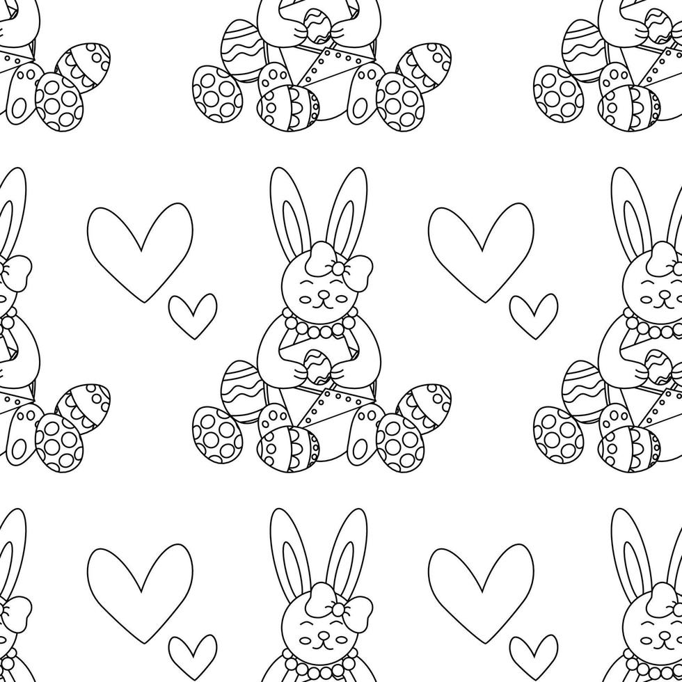 Easter pattern with eggs, rabbit, hare, envelope with postcard. vector
