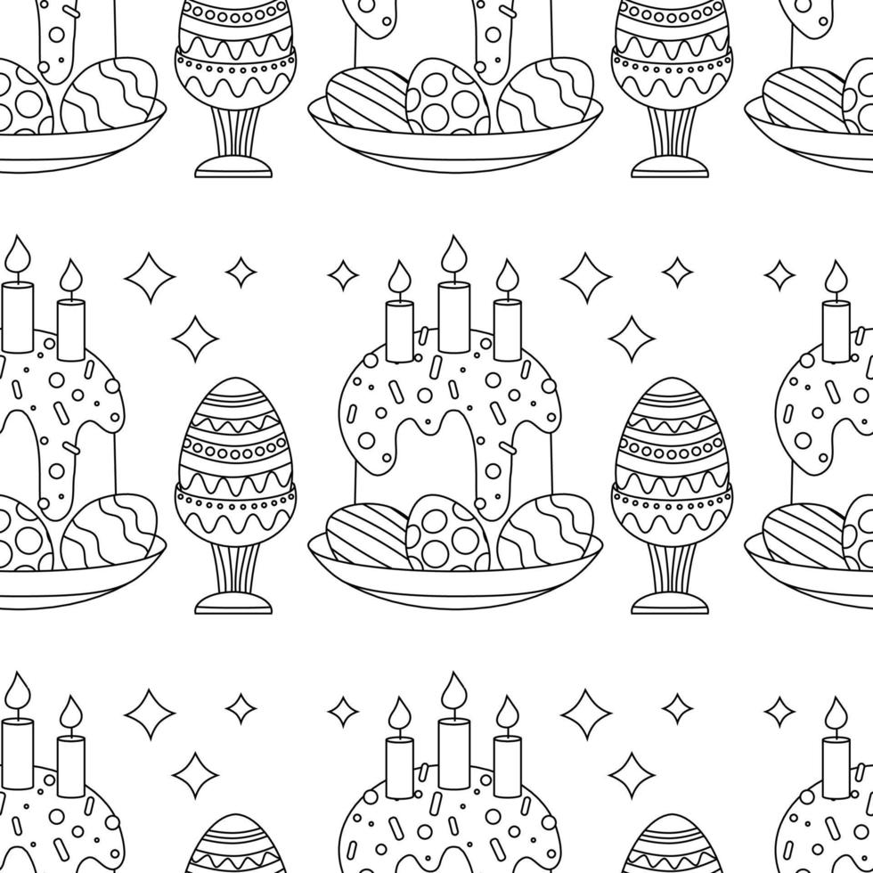 Easter pattern with an egg on a stand with an ornament, a plate with an Easter cupcake and candles. vector