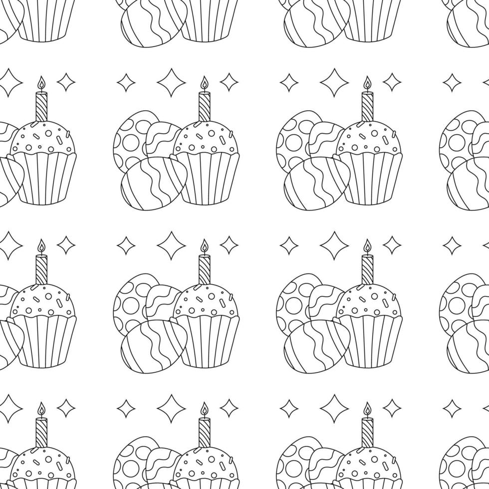 Easter pattern with eggs with ornament, cupcake, candle. vector