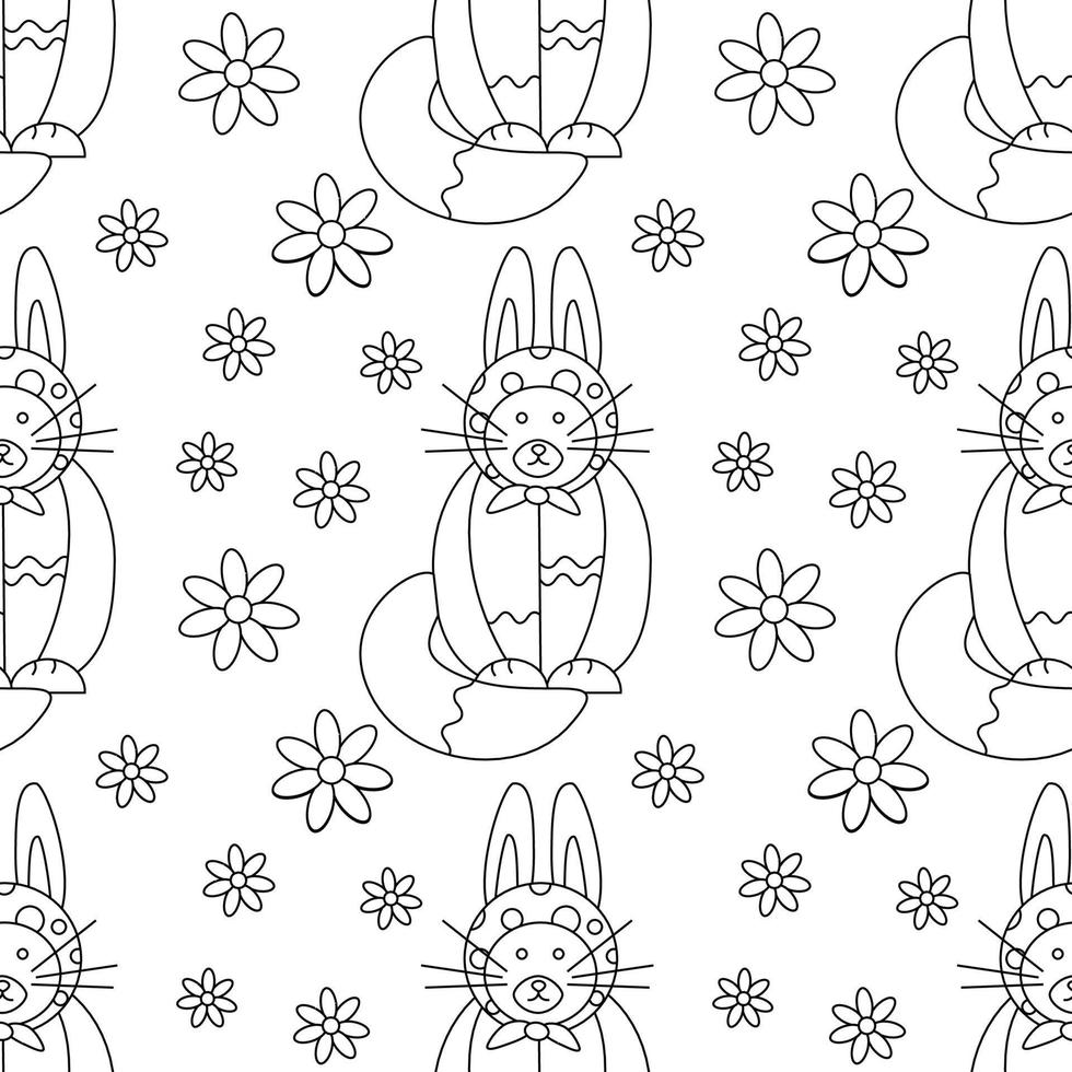 Easter pattern with a cat with rabbit ears, flowers. vector