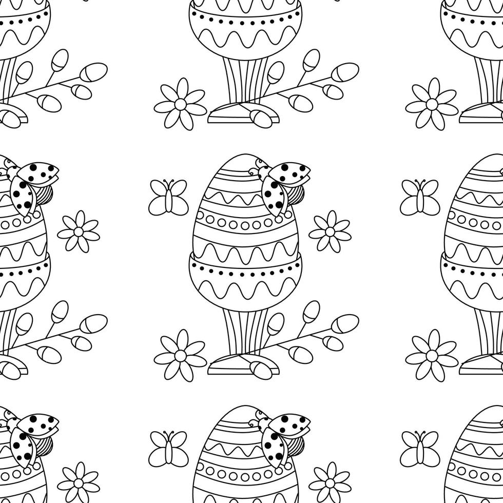 Easter pattern with an egg on a stand with an ornament, a blooming willow branch and a ladybug. vector