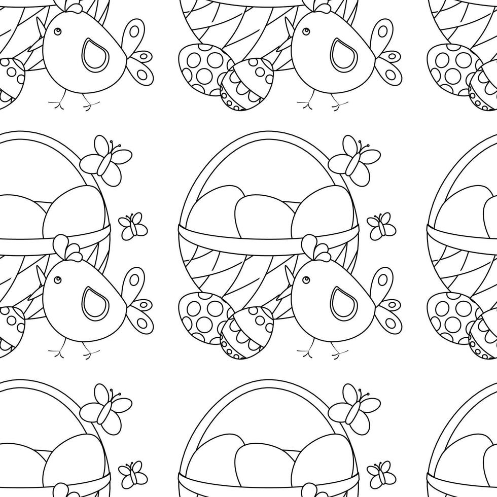 Easter pattern with eggs in basket, butterflies, chicken. vector