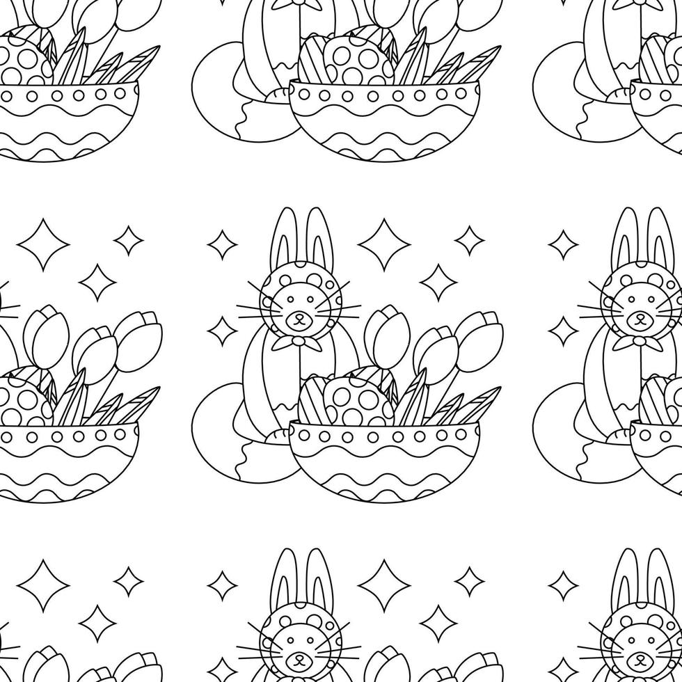 Easter pattern with a plate with eggs and a cat with rabbit ears, and flowers tulips. vector