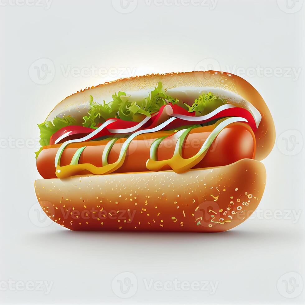 Fresh cooked hot dog with mustard and ketchup - image photo