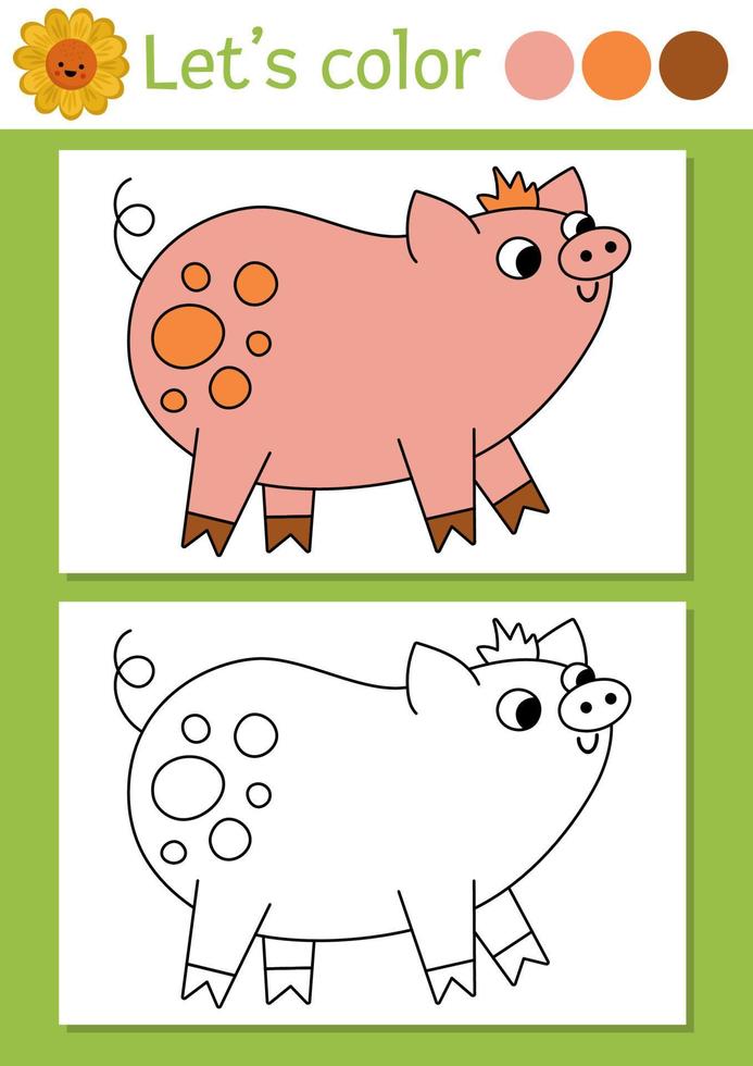 On the farm coloring page for children with pig. Vector rural country outline illustration with cute farm animal. Color book for kids with colored example. Drawing skills printable worksheet