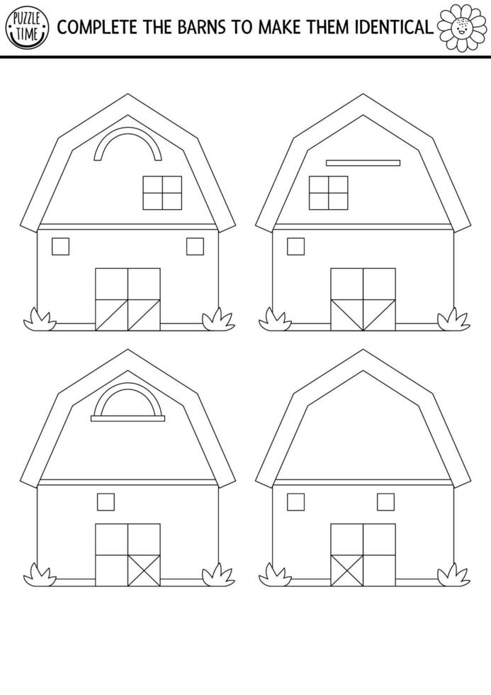 Black and white find differences, logical and drawing game for kids. On the farm educational activity with barn house. Complete picture printable worksheet. Rural country puzzle or coloring page vector