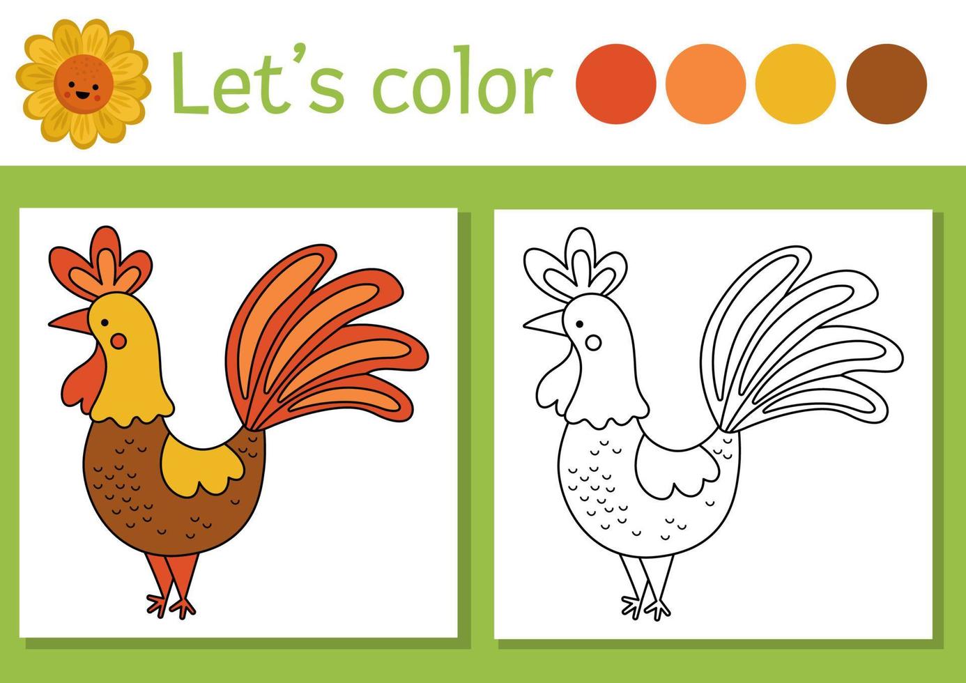 On the farm coloring page for children with cockerel. Vector rural country outline illustration with cute farm bird. Color book for kids with colored example. Drawing printable worksheet with rooster