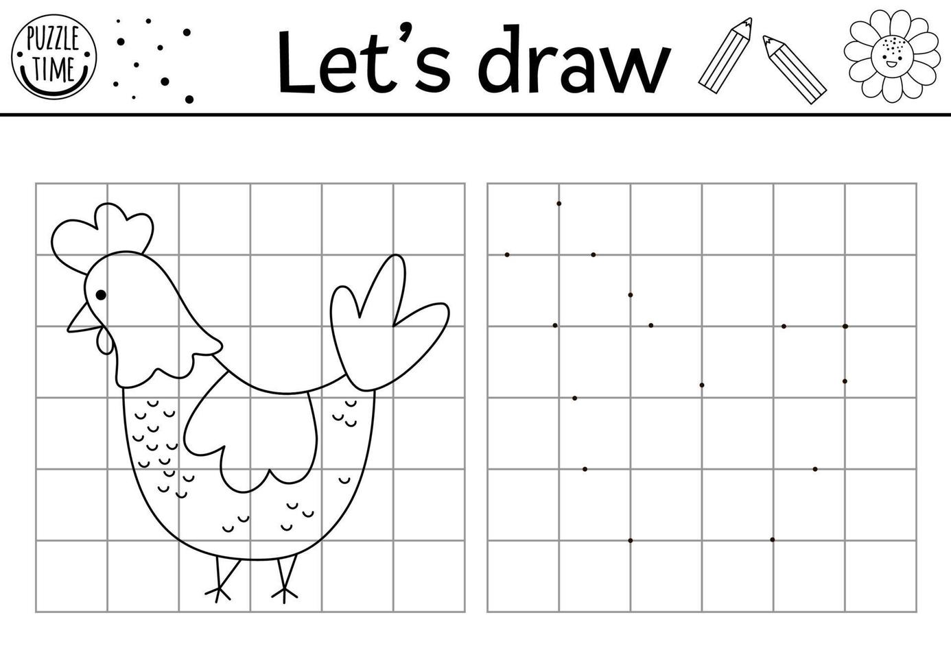 Draw the hen. Complete the picture. Vector on the farm drawing practice worksheet. Printable black and white activity for preschool kids with chicken. Copy the farm bird picture coloring page