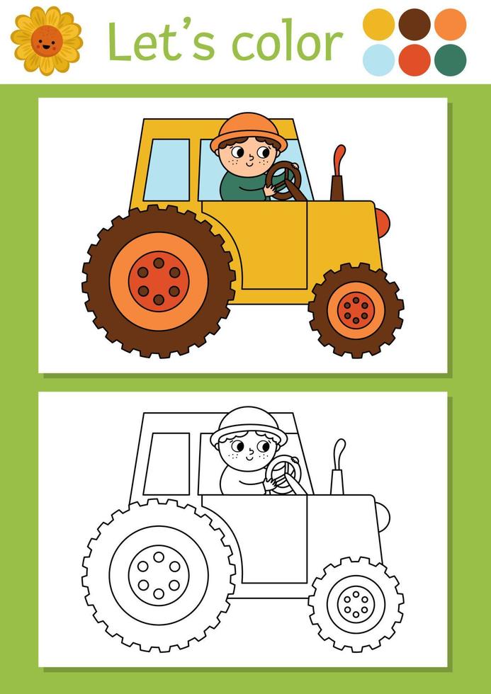 On the farm coloring page for children with farmer driving tractor. Vector rural country outline illustration. Color book for kids with colored example. Drawing skills printable worksheet