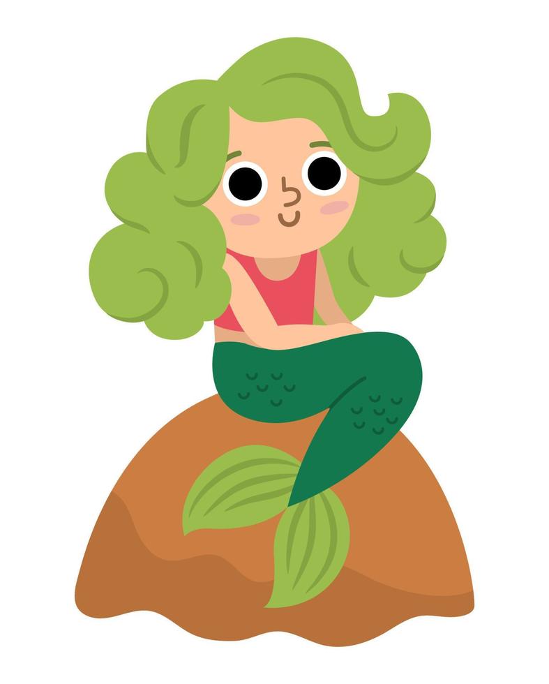 Fairy tale vector mermaid with green hair sitting on a rock. Fantasy girl isolated on white background. Fairytale sea princess. Treasure island or pirate themed icon. Cute girlish character