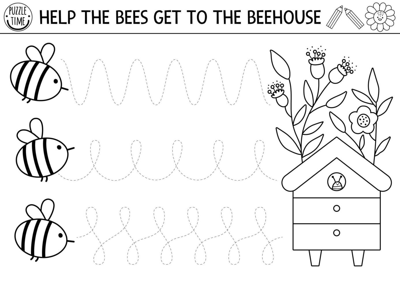 vector en el granja escritura práctica hoja de cálculo. rural imprimible negro y blanco actividad para preescolar niños. rastreo juego para escritura habilidades. ayuda el abejas obtener a el Colmena colorante página