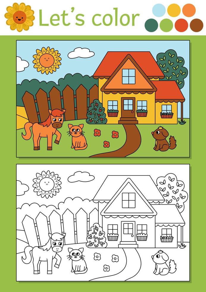 On the farm coloring page for children with rural country landscape. Vector outline illustration with country house. Color book for kids with colored example. Drawing skills printable worksheet