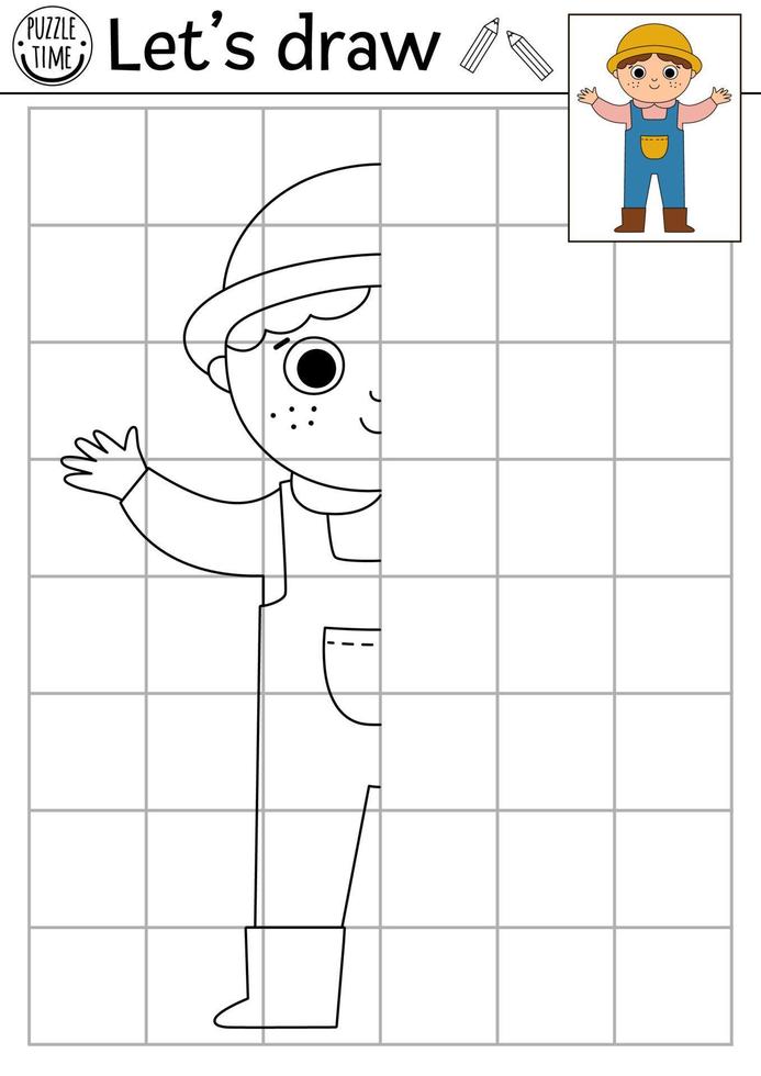 Complete the farmer picture. Vector on the farm symmetrical drawing practice worksheet. Printable black and white activity for preschool kids. Copy the picture rural country coloring page