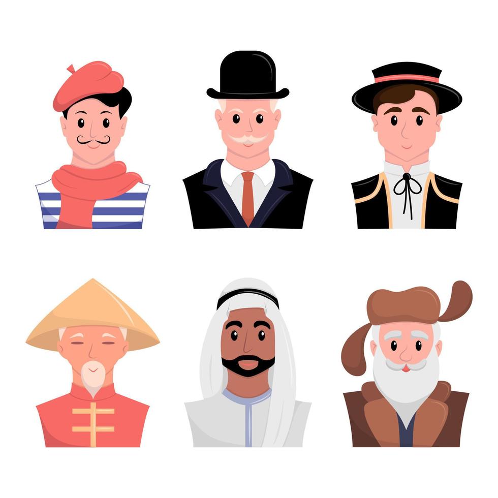 Men of different nationalities. UN international languages. Members of the UN. Flat vector illustration isolated on white background.