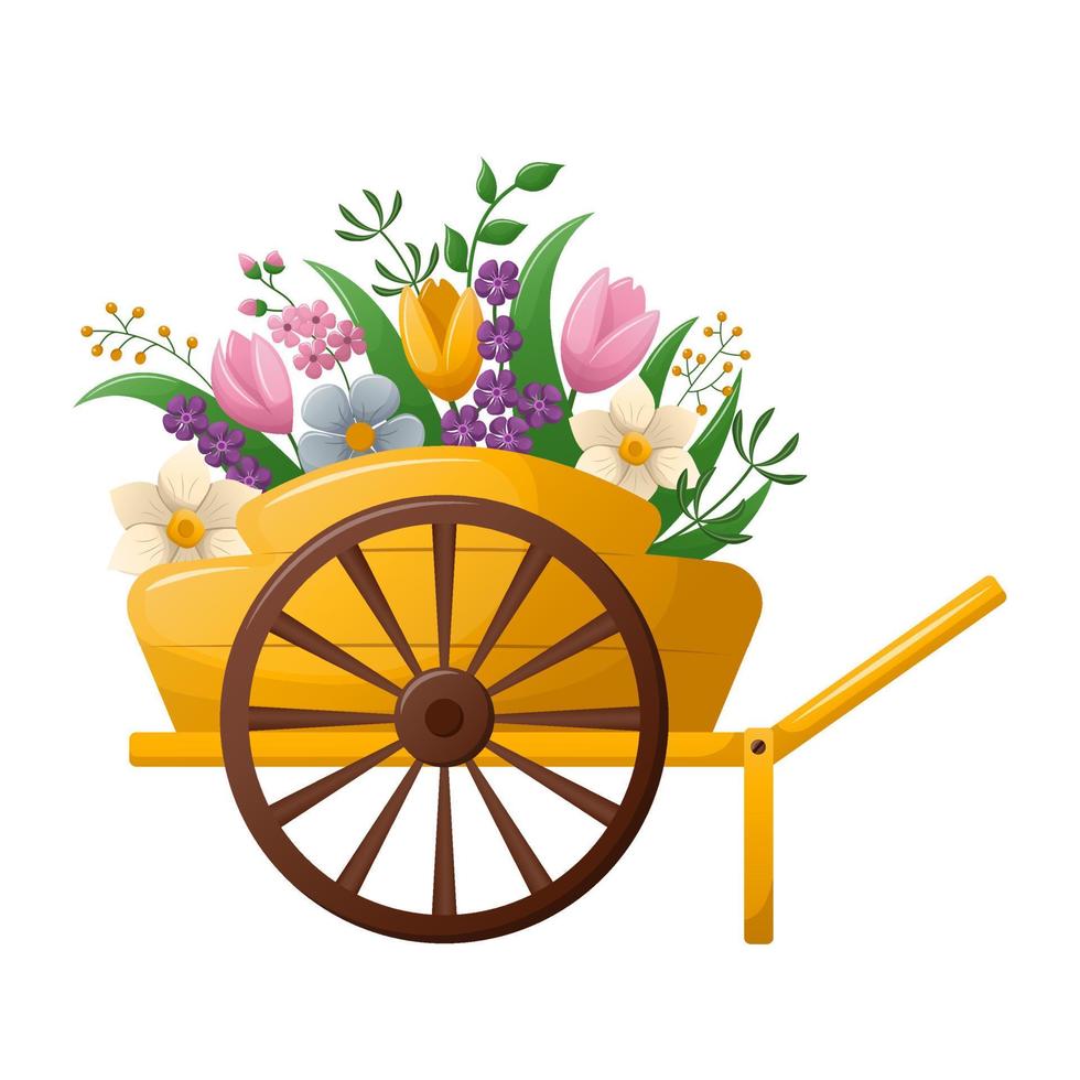 Beautiful spring flowers in wooden garden trolley. Flat vector illustration isolated on white background.