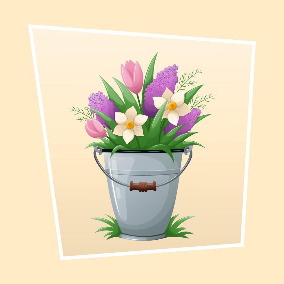 Spring bouquet of flowers in a metal bucket on pastel background. Spring vector illustration isolated on white background.