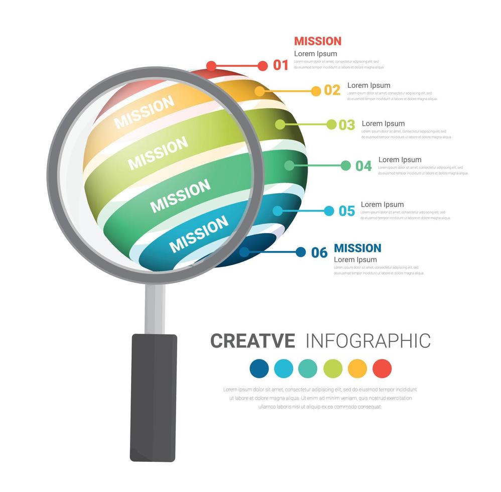 Infographic With Magnifying Glass for Global Business And Financial Analysis of the central element with 6 steps, options, parts, processes. vector