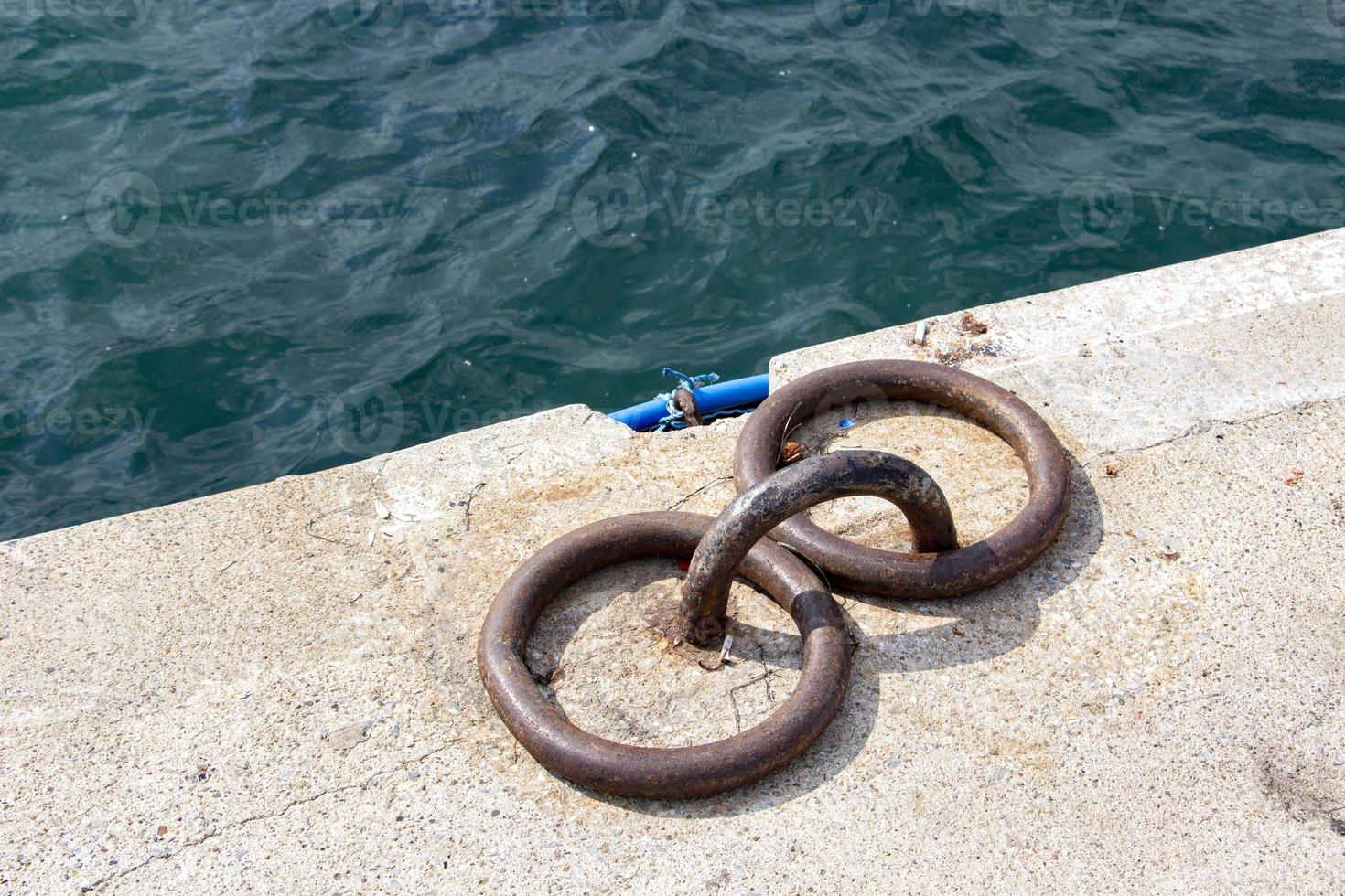 Mooring bollards on the quay of the sea.  Rusty mooring bollard on the dock of the sea photo