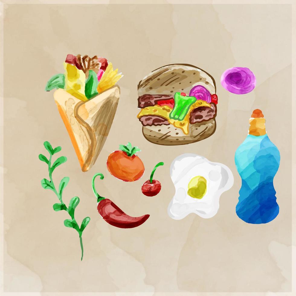 Hand painted Set of fast food doodle in watercolor style vector illustration