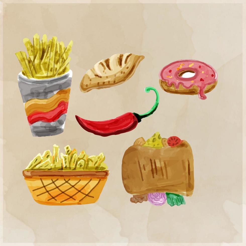 Hand painted Set of fast food doodle in watercolor style vector illustration