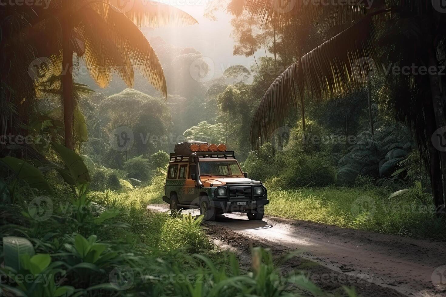 Four wheel drive SUV is driving on muddy road in jungle. Jeep on safari. Created with photo