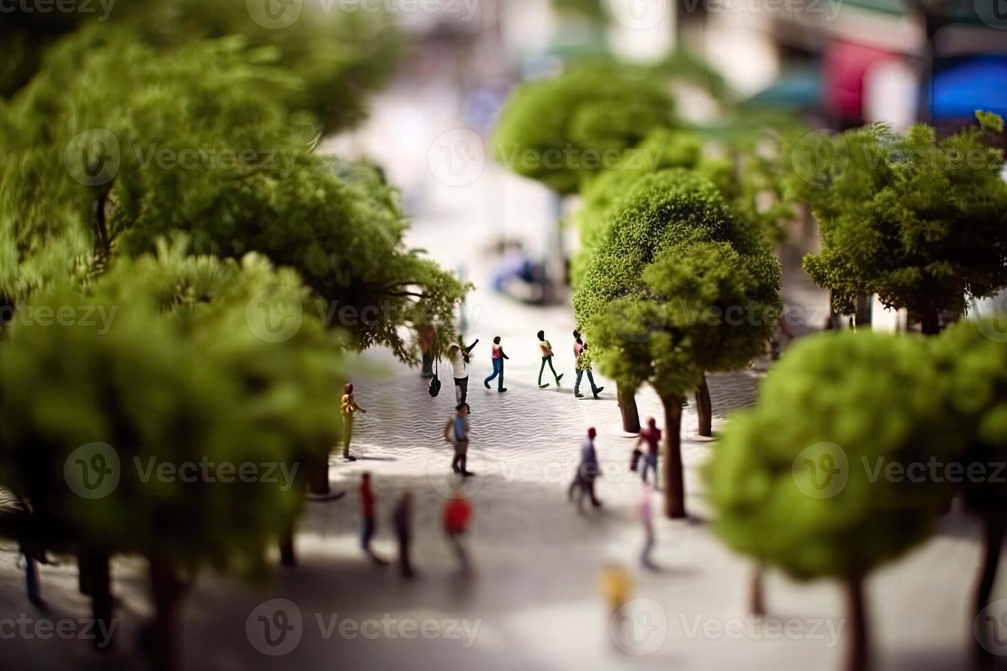 People walking at park with green trees in city. Model of city street in miniature, tilt shift. Created with photo