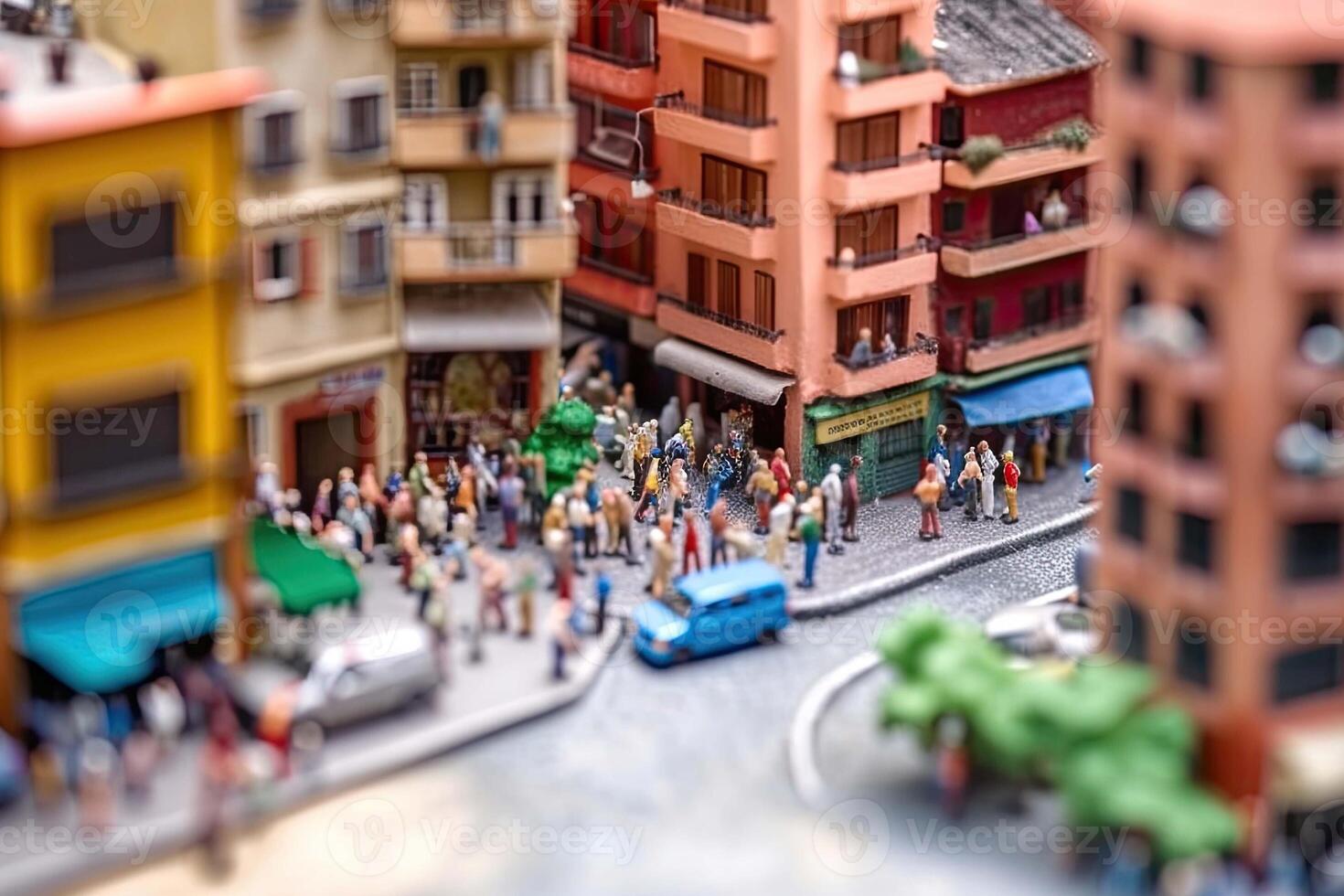 City life with living building facades and people walking at street, aerial view. Urban infrastructure. Model of city street in miniature, tilt shift. Created with photo